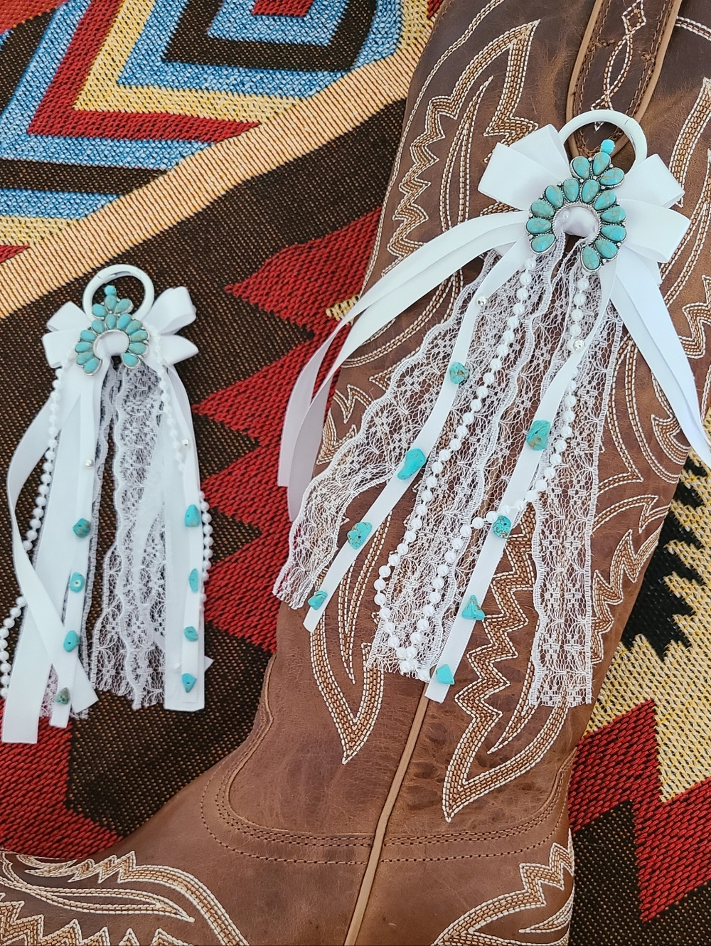 White Lace & Turquoise Boot Charms - Western Ribbon Tassels